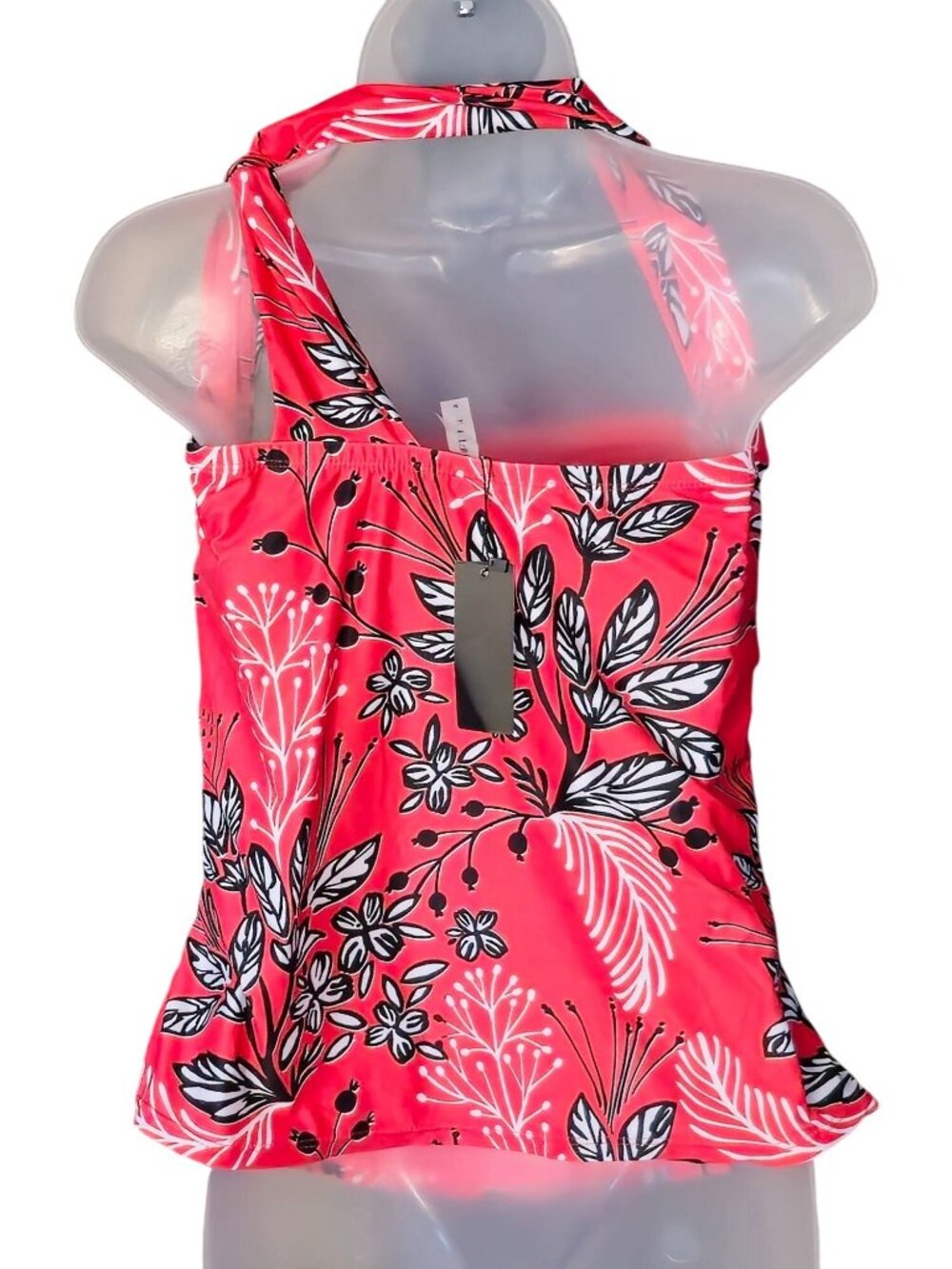 Floral Halter Tankini Top M Pink Black Ruched Lined Adjustable Coral Colored - Picture 8 of 8